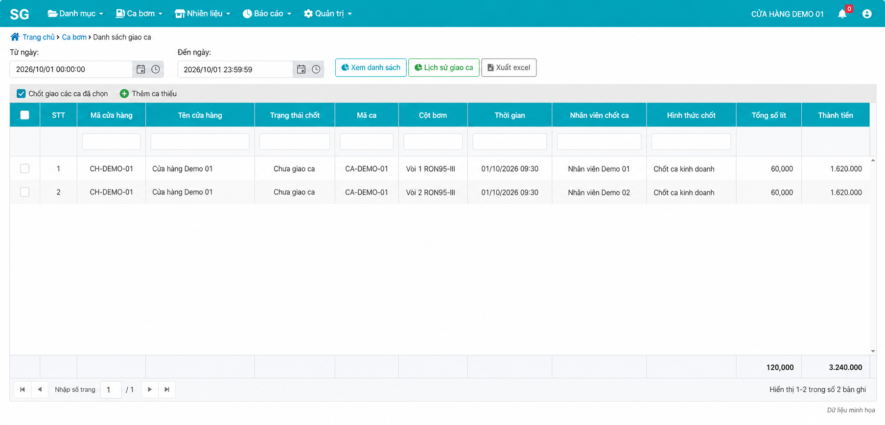 Bảng giao ca cửa hàng demo