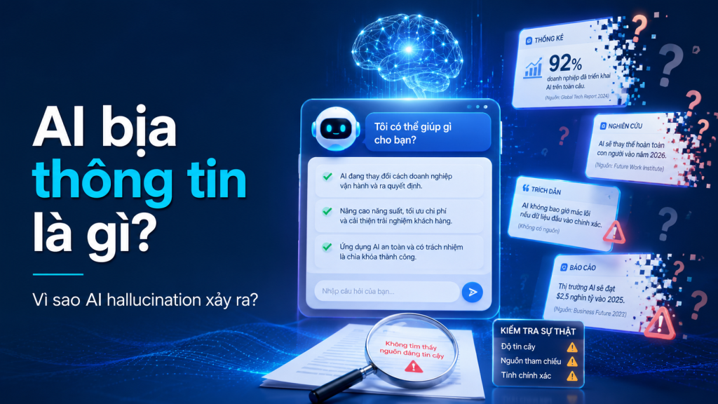 Ảnh minh họa AI bịa thông tin hallucination, cho thấy chatbot AI tạo câu trả lời sai nhưng thuyết phục và cần kiểm chứng nguồn.