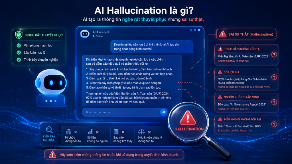 Ảnh minh họa AI hallucination, cho thấy AI tạo câu trả lời nghe thuyết phục nhưng chứa trích dẫn, số liệu và nguồn không chính xác.